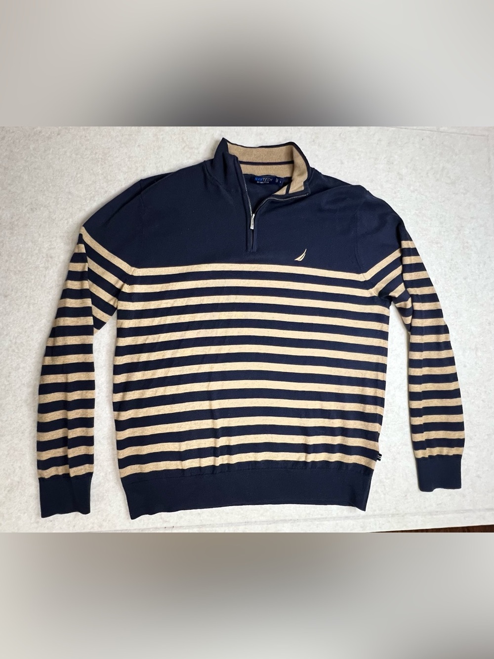 Navtech by Nautica Navy Tan Striped Quarter Zip Sweater Large